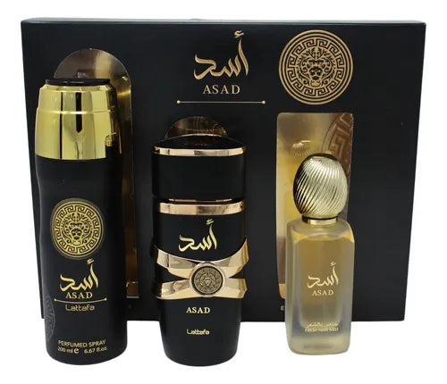 SET LATTAFA ASAD 100ML EDP. + LOCION PARA EL CABELLO + BODY LOTION
